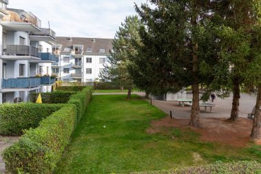 Aussicht in den grünen Aussenbereich. Wohngemeinschaft Paraplui: Betreutes Wohnen und Tagesstruktur für Menschen mit einer Behinderung in Breitenbach SO